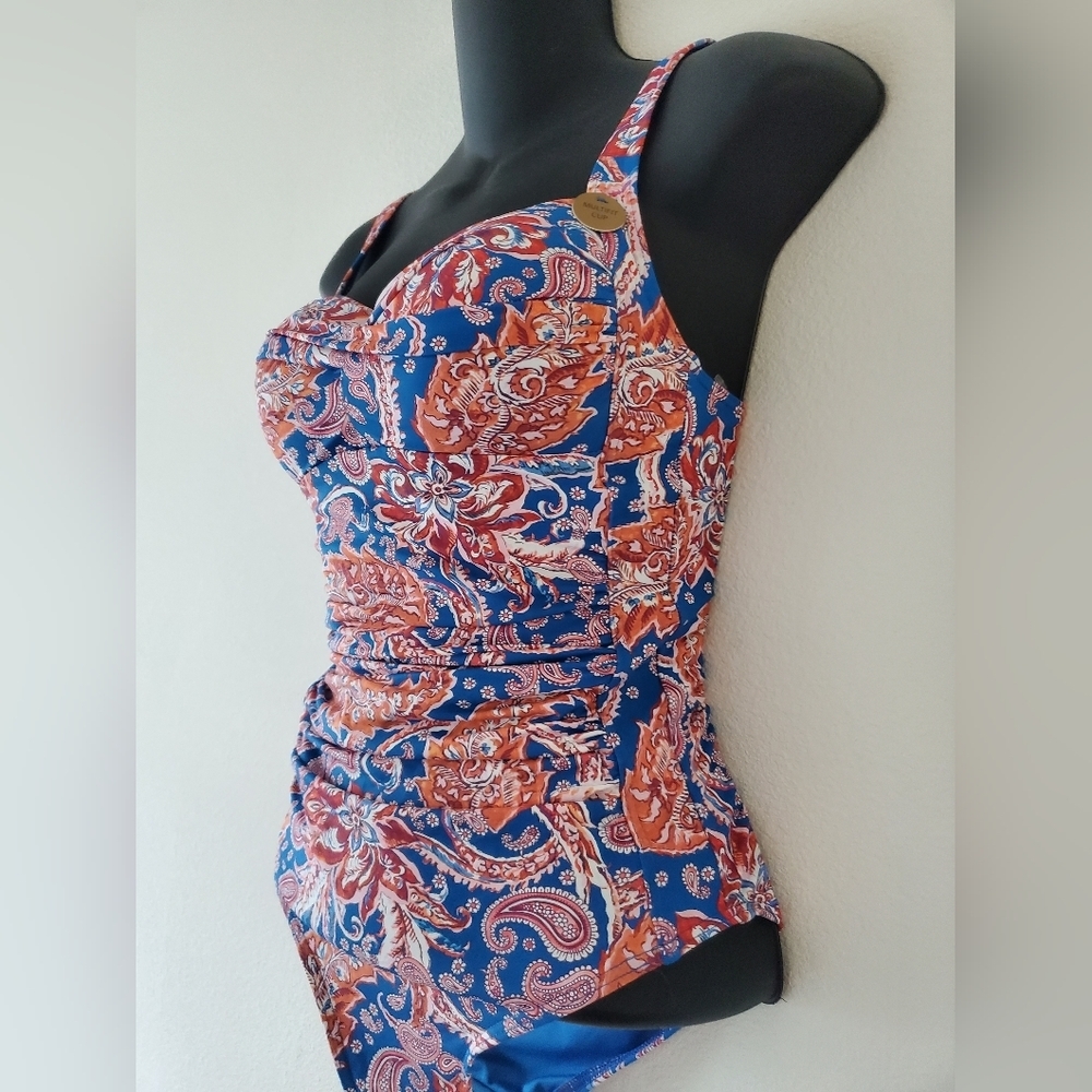 Nip Tuck Blue Painterly Paisley Joanne Twist Front Tummy Control Swimsuit Size 4 - Picture 6 of 10